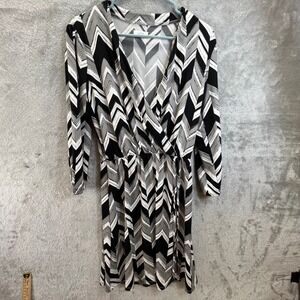 Mod Womens Black Grey Chevron Faux Wrap V-Neck 3/4 Sleeve Dress Sz S Retro